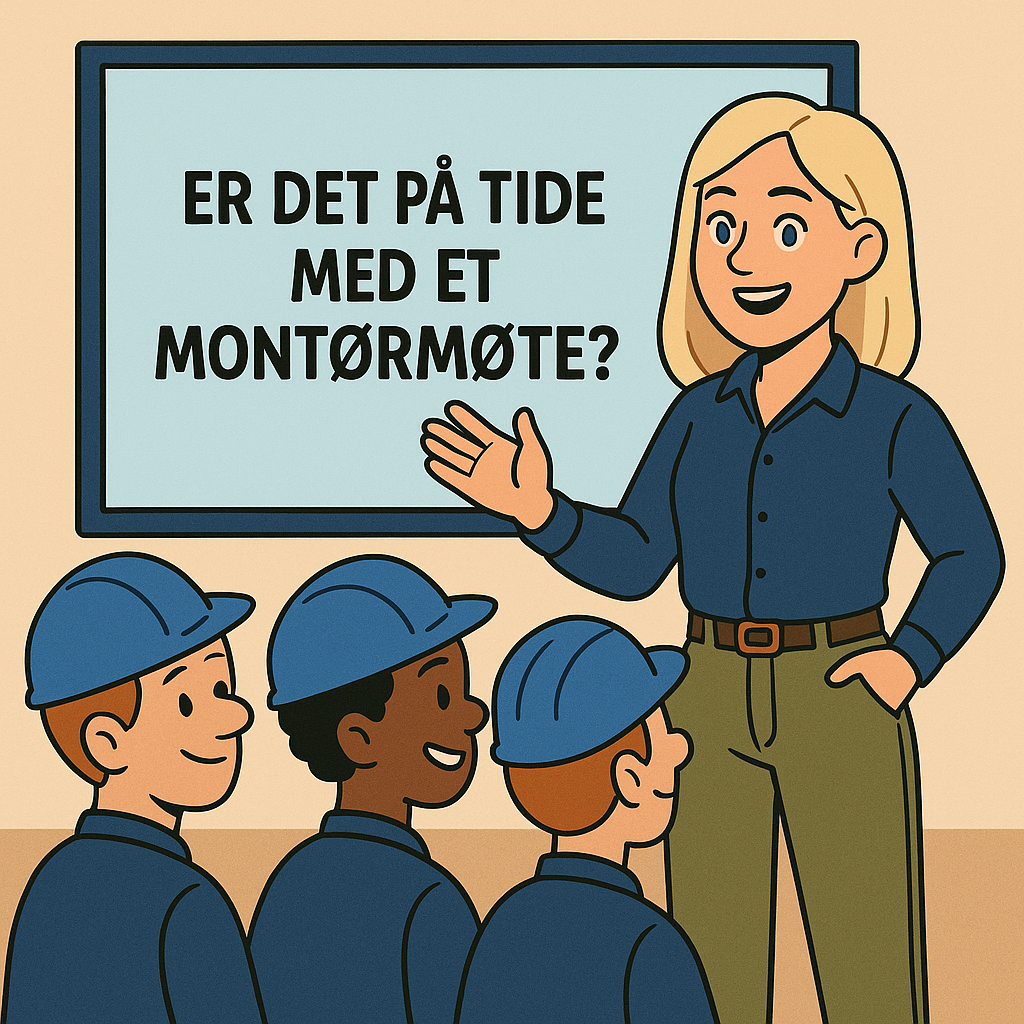 Illustrasjon av en kvinne i blå skjorte og grønne bukser som står foran en tavle med teksten 'ER DET PÅ TIDE MED ET MONTØRMØTE?' og snakker til tre personer som sitter foran henne, alle iført blå hjelmer og blå skjorter
